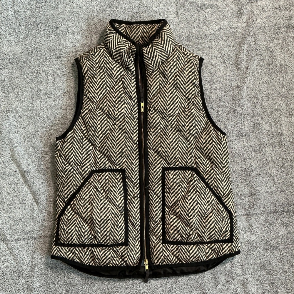 J.Crew Herringbone Puffer Vest Black Tan Quilted Down Fill 93111 Womens Small